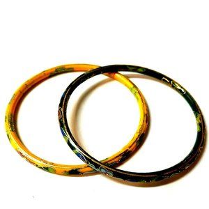 2 Dainty Gold Tone Cloisonné Enamel Bracelet Bangles Chinese Teal Yellow Floral